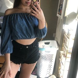 Theory denim crop off the shoulder top